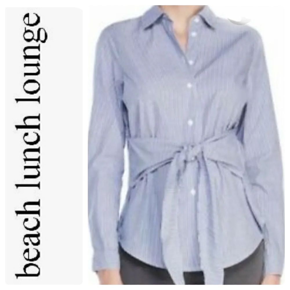 NWT Beach Lunch Lounge Blue and White Pinstripe Tie Front Button Down Blouse-S - Picture 2 of 13